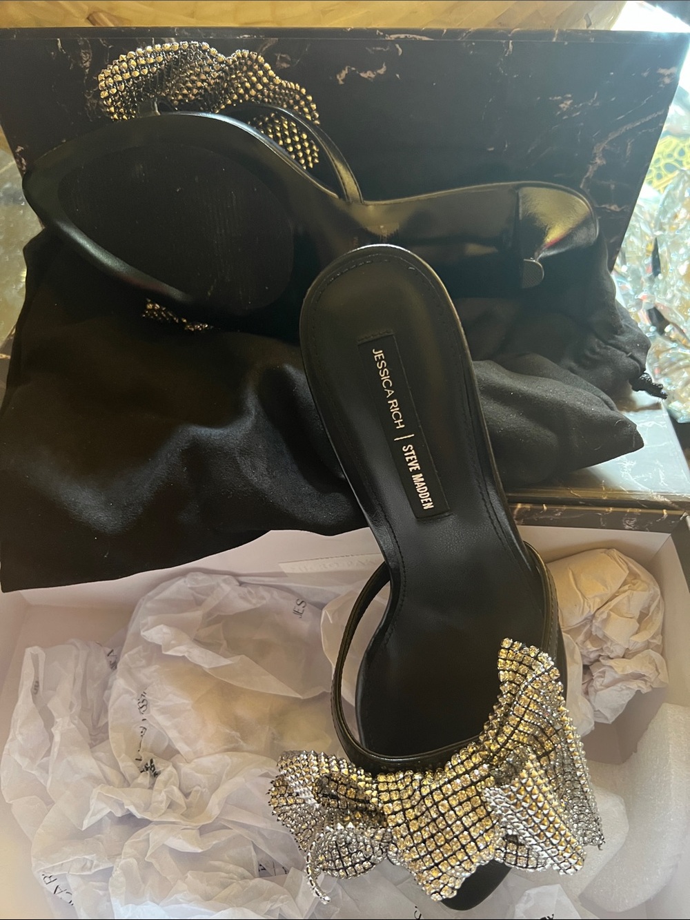 Steve Madden Black Slide Mules with Crystal Bow - Picture 4 of 5